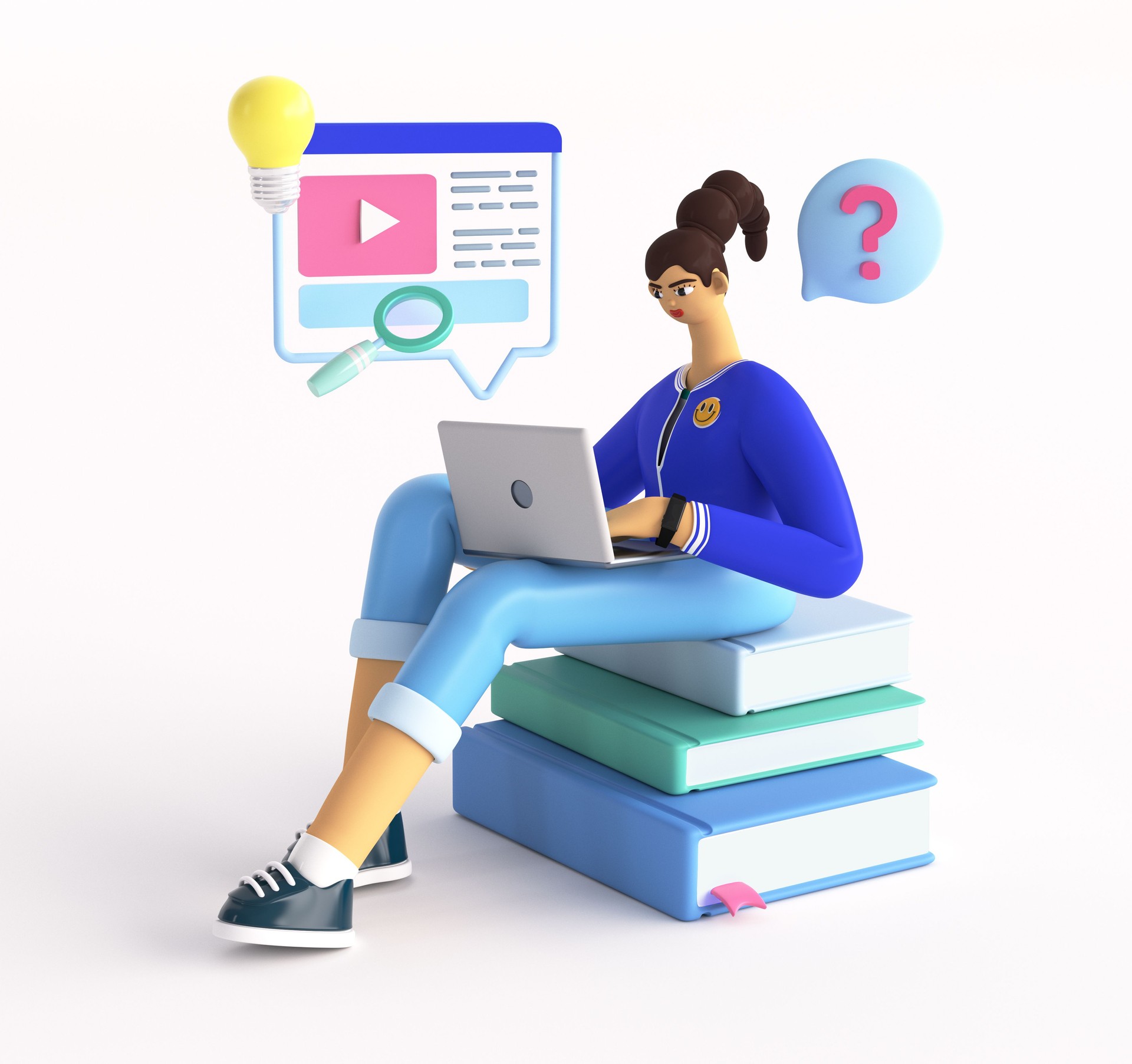 Online education concept. Young woman is learning, watching video and tutorials. Female character taking web course, researching information for examination. 3d render illustration.