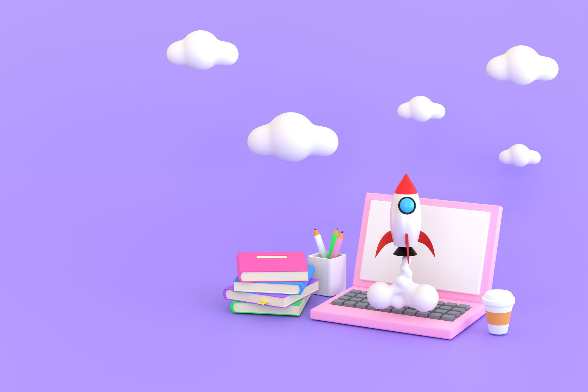 Notebook computer education A rocket soared up on sky.
