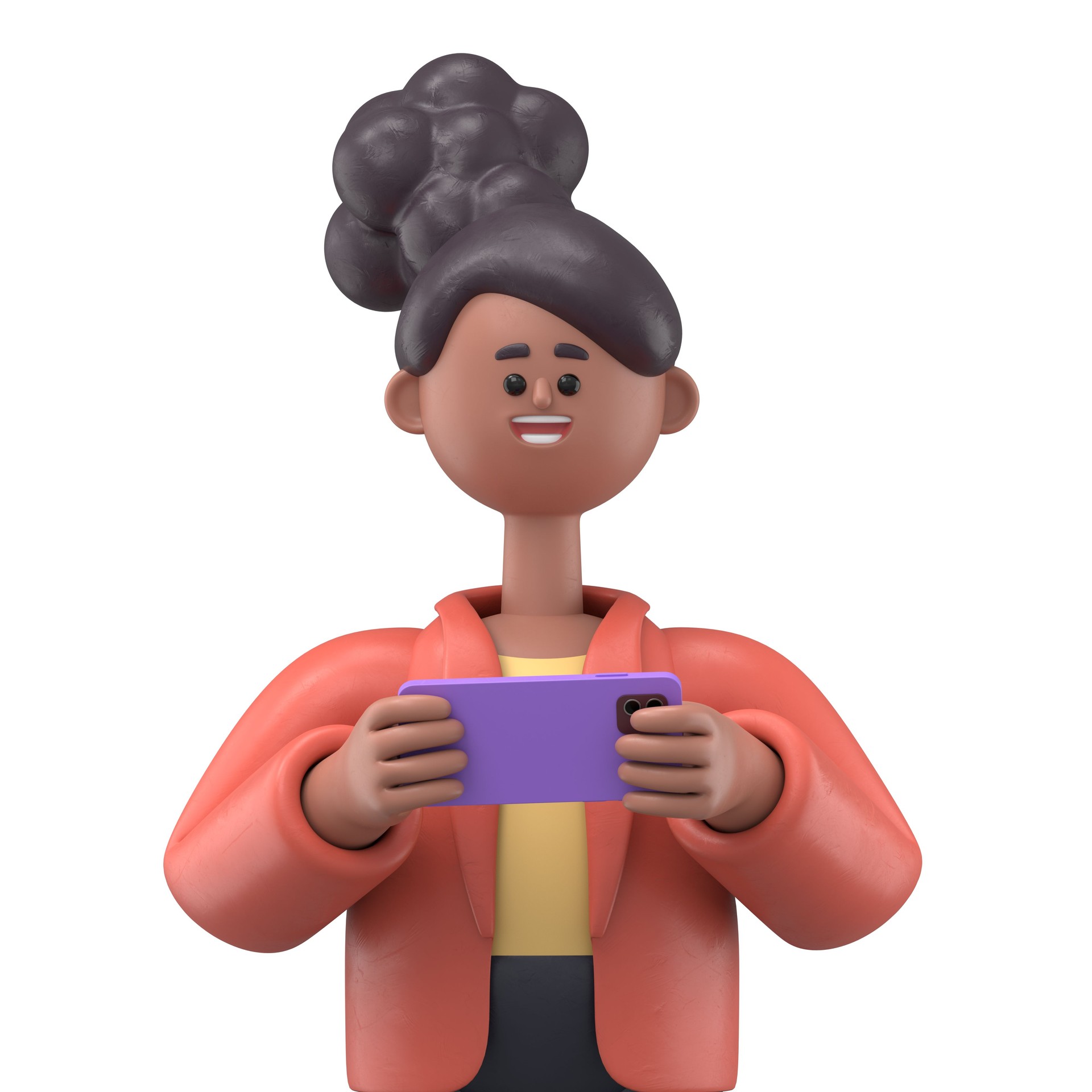 3D illustration of a smiling african american woman Coco looking at smartphone and chatting. Portraits of cartoon characters talking and typing on the phone. Communication in social networking, mobile connection. 3D rendering on white background.