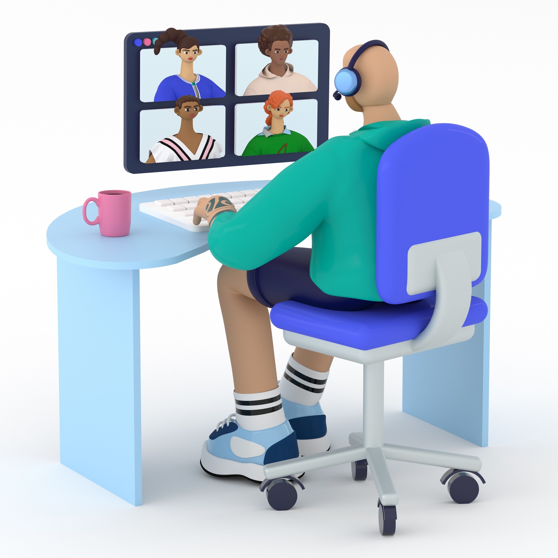 Online meeting  and web communication concept.  Group of people talking, learning, deciding business tasks and remote working from home. 3d render illustration.